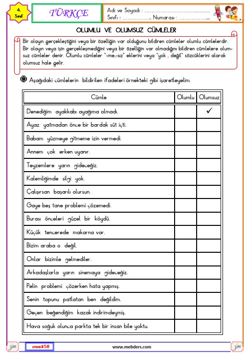 4. Sınıf Türkçe Olumlu ve Olumsuz Cümle Etkinliği 1